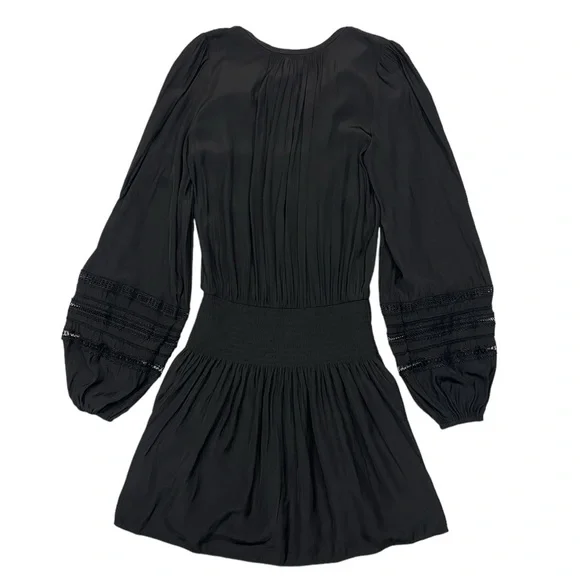 Ramy Brook Rosey Blouson Smocked Mini Dress Black Long Sleeve Tie Neck Size S - Picture 5 of 16